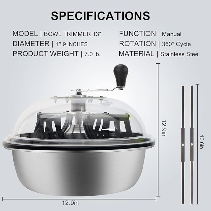 MELONFARM 13 inch Leaf Bowl Trimmer, Bowl Trimmer with Switchable Stainless Steel Blades & Clear Visibility Dome, Hand Twist Spin Cutting Bud Trimmer for Buds, Flowers, Hydroponics Plants