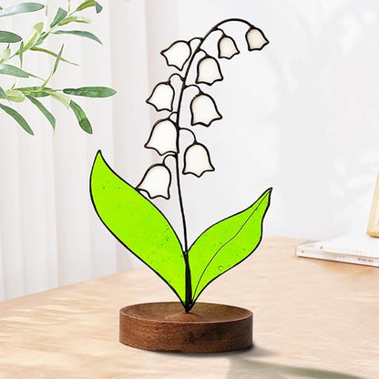 Lily of Valley Stained Glass Decor, Handmade Real Stained Glass Lily of Valley Flower Suncatchers with Walnut Wood Base, Cute Desk Windowsill Decor Plant Gifts for Women,Mom,Plant Lovers (White)