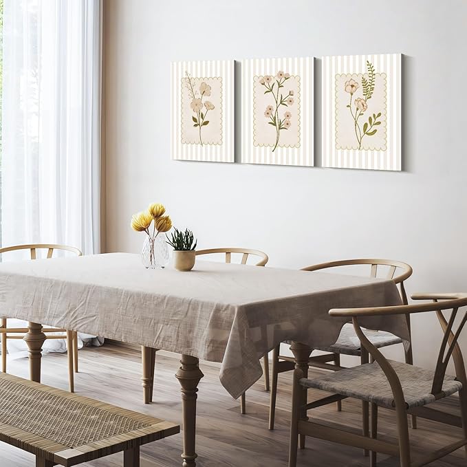 Framed Beige Wildflowers Canvas Wall Art Stripes Floral Poster Picture Simple Vintage Country Painting Nature Landscape Modern Home Print Living Room Gallery Office Ready to Hang 16x24 Inch x3