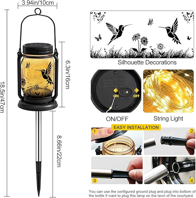 Hummingbird Solar Lanterns Outdoor Waterproof -Birthday, Mothers Day Gifts for Women Mom Grandma, Mason Jar Garden Lights for Patio, Yard, Porch, Balcony, Durable Garden Decor