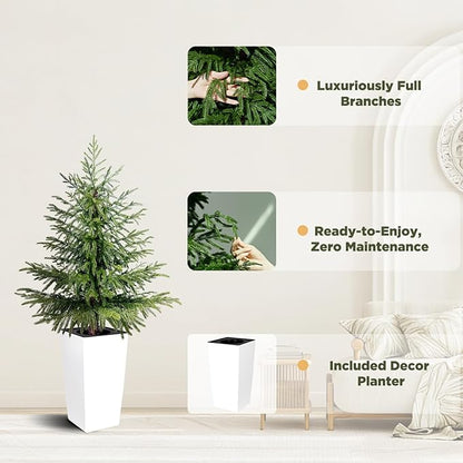 2 Pack 4FT Artificial Norfolk Pine Trees in Modern White Pot, Real Feel Faux Christmas Tree for Indoor Decor, Pet Safe PPC Material, Home and Holiday Style
