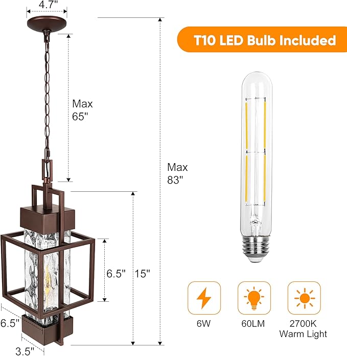 15" Outdoor Indoor Pendant Light Exterior Hanging Lantern, Modern Metal Outside Chandelier Light Fixture Ceiling Mount with Water Glass for Front Porch Entrance Foyer Entryway, Oil Rubbed Bronze