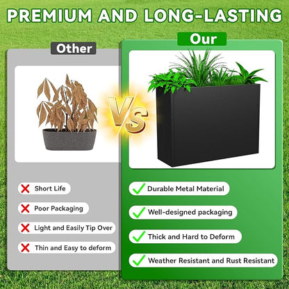 Metal Planter, 38L x 10W x 30H, Heavy Duty Tall Planters for Outdoor Plants, Black Planters with Removable Insert Shelf, Large Planters with Drainage Holes for Porch, Patio and Yard, Black