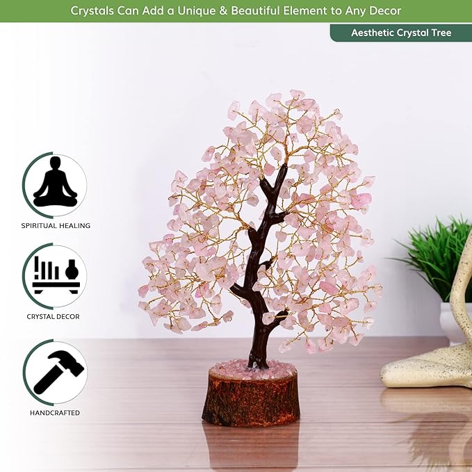 NARIBABU Rose Quartz Crystal Tree – 10-12 Inch Gemstone Tree with Golden Wire & Wooden Base – Healing Crystals Decor, Gifts for Her, Birthday Gift for Women, Spiritual Energy