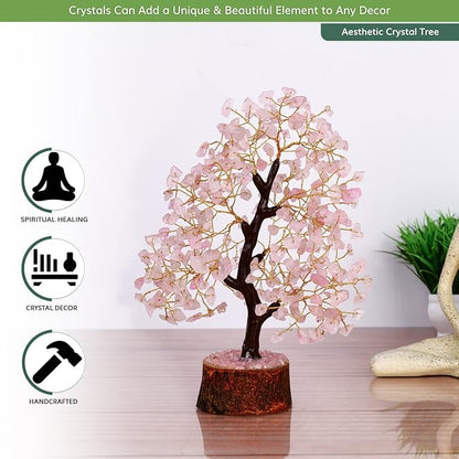 NARIBABU Rose Quartz Crystal Tree – 10-12 Inch Gemstone Tree with Golden Wire & Wooden Base – Healing Crystals Decor, Gifts for Her, Birthday Gift for Women, Spiritual Energy