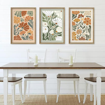 Wildflower Floral Green Botanical Wall Art Print 16"x11" Set of 3 flower Illustrations Minimalist Modern Boho Sign Wood Framed for Living Room Bedroom Office Abstract Wall Hang Decor (Wood)