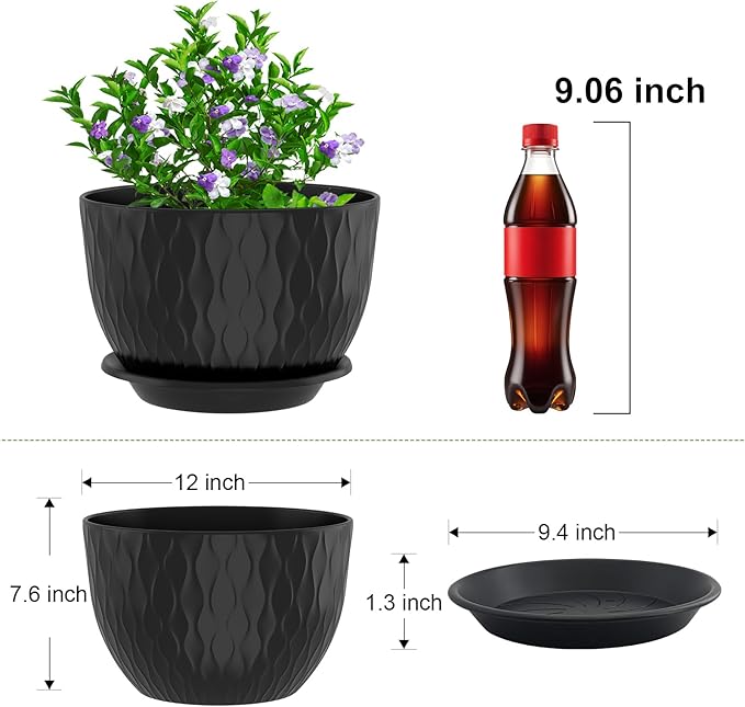 12 inch Large Plant Pots, Flower Pots with Multi-Mesh Drainage Holes and Saucer, Plastic Planters for Indoor and Outdoor Garden Plants (Black, 12")