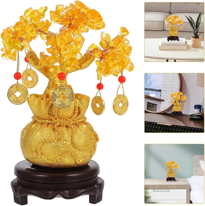 Didiseaon Crystal Money Tree: Feng Shui Ornaments Chinese Money Crystal Bonsai Tree Indoor for Wealth and Luck, Home Decoration with Coins Base and Knot Amulet