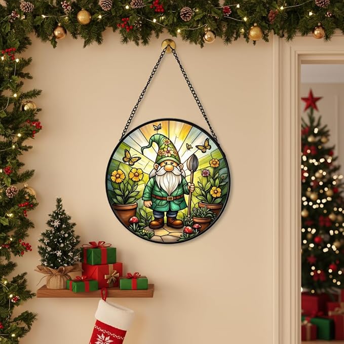 Stained Glass Window Hanging, Gnome in Garden Sun Catcher for Indoor Window Decoration with Flowers & Butterflies, Stained Glass Home Decor Gift for Women and Men G01 (6.3'')