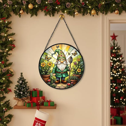 Stained Glass Window Hanging, Gnome in Garden Sun Catcher for Indoor Window Decoration with Flowers & Butterflies, Stained Glass Home Decor Gift for Women and Men G01 (6.3'')