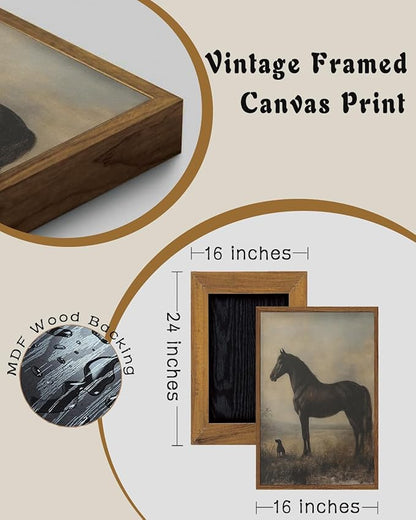 ZZLWBKGL Vintage Horse Framed Wall Art Farmhouse Animal Canvas Wall Art Horse Dog Pictures Wall Decor Rustic Art Prints for Living Room Bedroom Study
