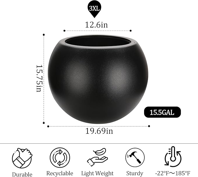 20”Dx16.1”H Large Plant Pot,Durable Plastic-Concrete Material Sphere Planter with Drainage Hole & Rubber Plug Weather Resistant,Modern Planters for Indoor Plants & Outdoor,(White, 12.6" Pot Opening)