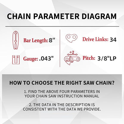 E & S 3 Pack 8 Inch Chainsaw Chain 3/8" LP Pitch .043" Gauge 34 Drive Links Semi-Chisel Chain Saw Chains for Husqvarna, Poulan, Craftsman, Greenworks and More Chainsaw Brands