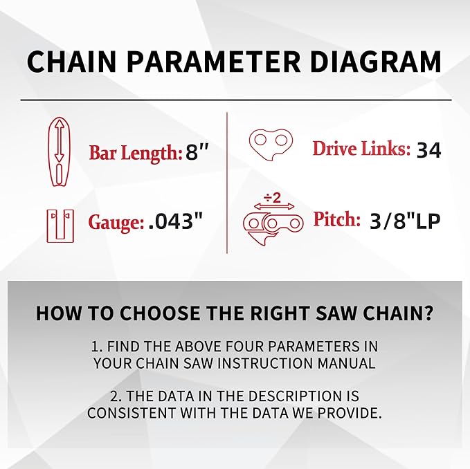 E & S 3 Pack 8 Inch Chainsaw Chain 3/8" LP Pitch .043" Gauge 34 Drive Links Semi-Chisel Chain Saw Chains for Husqvarna, Poulan, Craftsman, Greenworks and More Chainsaw Brands