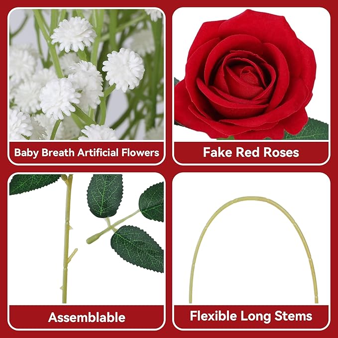 HyeFlora 35 PCS Red Roses Artificial Flowers 15 PCS Fake Baby Breath Realistic Fake Flowers Bouquet with Stem for DIY Wedding Party Home Decoration Vase Tables Centerpieces Arrangements Gift for Her