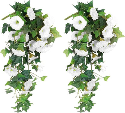RECUTMS Artificial Fake Hanging Flowers Plants for Outdoor Decoration, 2 Pcs UV Resistant Faux Petunias Trailing Plants Realistic Flower Look Real for Door Wall Yard Porch Garden Planter (White)