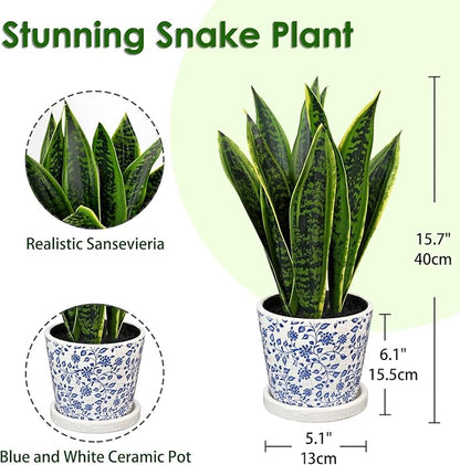 Fake Plants 15.7" Artificial Snake Plant Faux Plants in Blue and White Pot Tropical Sansevieria Silk Plant Fake Potted Plants Indoor for Home Living Room Bathroom Office Housewarming Gift Decor