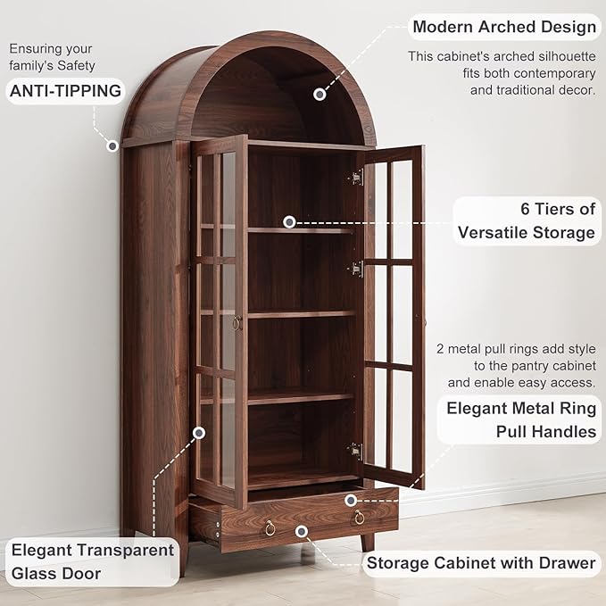71" Tall Arched Cabinet, Modern Farmhouse Wooden Display Cabinet with Drawer and Glass Doors, 6 Tier Bookshelf w/Adjustable Shelves for Living Room, Office, Walnut