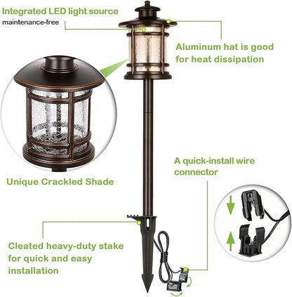 hykolity Low Voltage ORB LED Landscape Path Light W/ Crackled Shade, 3.4W 155LM 12V Wired Outdoor LED Walkway Light, Die-cast Aluminum Construction, 30-Watt Equivalent, 15-Year Lifespan-6Pack