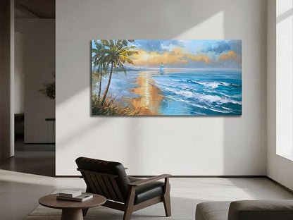 Enartly 3D Textured Seascape Wall Art for Living Room, Ocean Nature Coconut Tree Landscape Canvas Painting Artwork Framed Bedroom Bathroom Hallway Home Office Wall Decor, 40"x20"