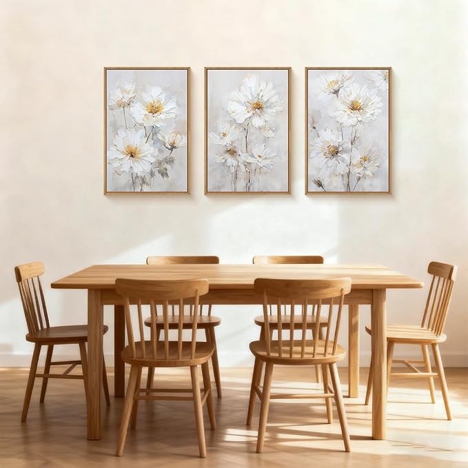Aryroi Watercolor White Daisy Wildflower Framed Canvas Wall Art Set,Modern Natural Beige Floral Wall Decor,Minimalist Dreamy Flower Botanical Artwork For Living Room, Bedroom,Farmhouse-16 x24 x3