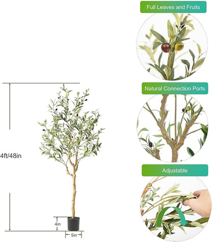Tall Faux Olive Tree，4Ft(48in) Realistic Texture Potted Silk Artificial Olive Tree， Fake Olive Trees Indoor Outdoor for Home Office Living Room Bedroom Foyer Porch Decor.