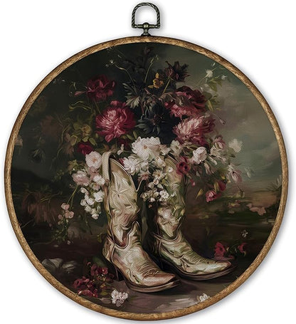 TLESKE Moody Floral Western Cowgirl Round Wall Art Decor Framed 10x10, Preppy Cowgirl Boot Canvas Wall Art Prints Artwork, Dark Academia Cottagecore Hanging Wall Picture Room Door Decor for Bedroom