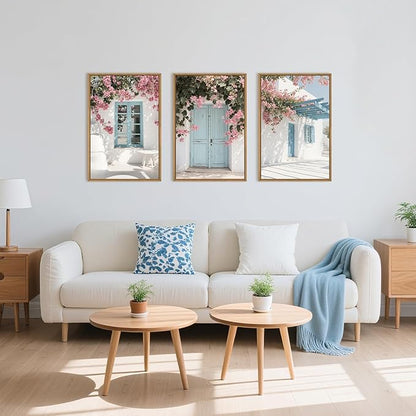 HOURIA Modern Greek Island Cityscape Framed Canvas Wall Art Set,European White House Blue Door Shutter Landscape Wall Decor,Santorini Natural Pink Flower Artwork for Living Room, Bedroom-16 x24 x3