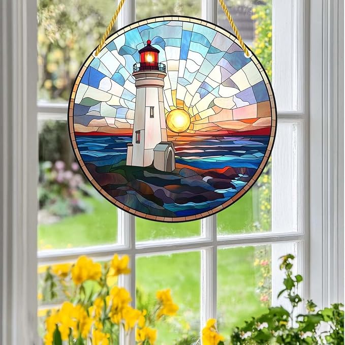 Acrylic Stained Window Hanging Sea Lighthouse Acrylic Decoration for Indoor Outdoor Home Bar Office Garden Plastic Ornament Decor 12x12 Inch