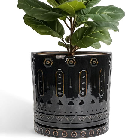 Ceramic Pots for Plants - 12 Inch Large Planter with Drainage Hole and Saucer, Ceramic Flower Pots for Indoor Outdoor, Boho Round Planter, Patio Decor, Gifts for Plant Lover, Black