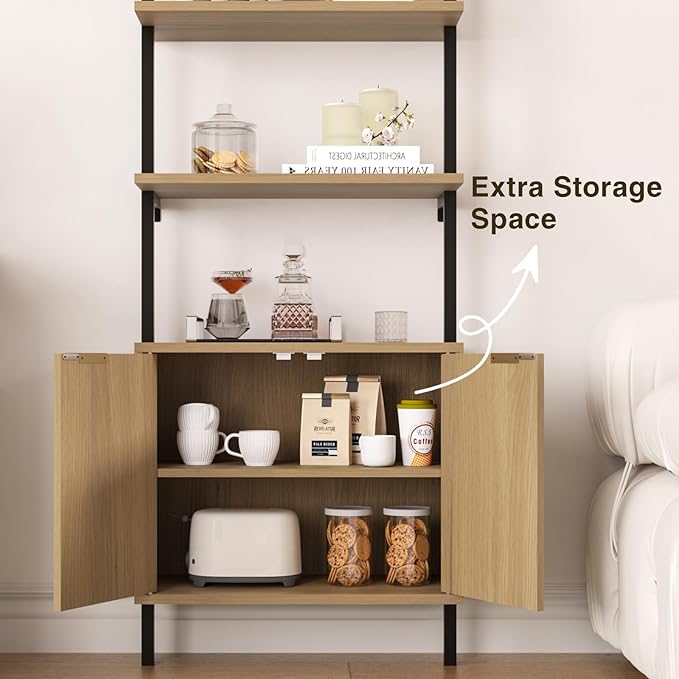 Ladder Bookshelf with Cabinet, 71" Tall Wall Bookshlef with Shelves & Storage, Fluted Ladder Shelf with Metal Frame, 6-Tier bookcase Shelf for Living Room, Home & Office, Bedroom, Natural & Black