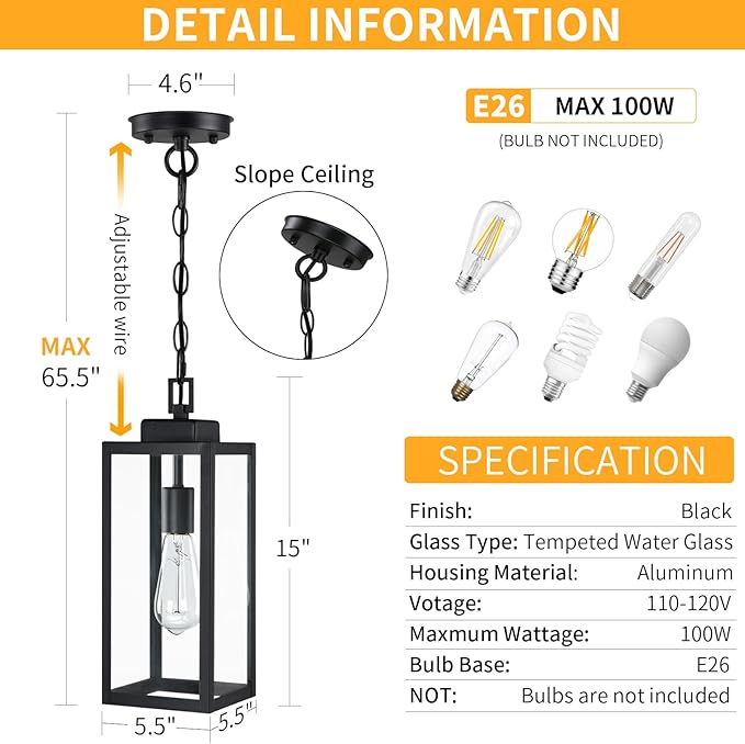 15'' Large Outdoor Pendant Light, Modern Outside Chandelier Outdoor Hanging Lantern Light, Matte Black with Clear Glass, Exterior Pendant Lighting Fixture Ceiling Mount for Porch, Gazebo, 1Pack
