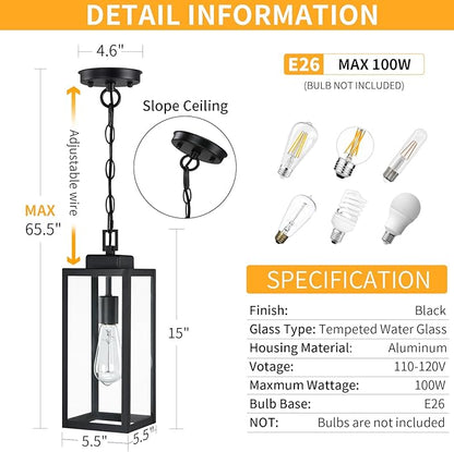 2 Packs 15'' Large Outdoor Pendant Light, Modern Outside Chandelier Outdoor Hanging Lantern Light, Matte Black with Clear Glass, Exterior Pendant Lighting Fixture Ceiling Mount for Porch, Gazebo