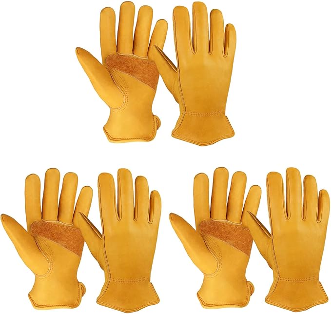 OZERO Gardening Work Gloves Men,3 Pairs Insulated Heavy Duty Cut Resistant Thorn Proof Leather Cowhide Mens Women Mechanic Garden Gloves for Driving Welding-XLarge