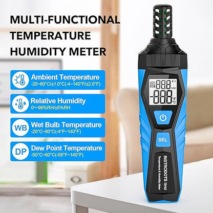 Temperature Humidity Meter - Handheld Thermometer Hygrometer with Ambient, Dew Point, Wet Bulb, High Precision Wet Bulb Thermometer, Dual Display Temperature & Humidity with LCD Backlight