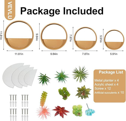 Gold Metal Wall Planter Set of 4, Indoor Metal Hanging Planter with 10Pcs Artificial Succulents Wall Decor Round Succulent Planters Air Plant Pots Container for Cactus Home Office Decor