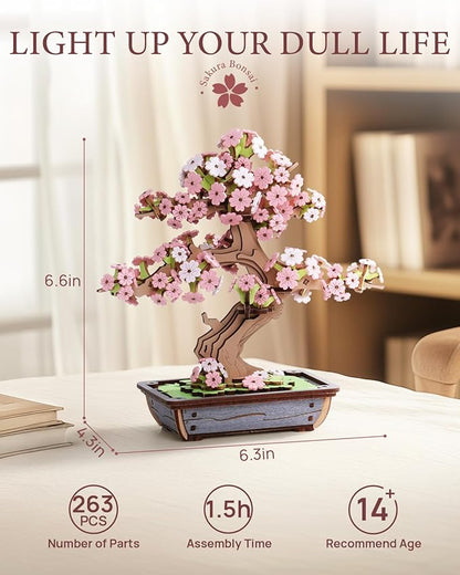 Rowood 3D Wooden Puzzles for Adults,DIY Cherry Blossom Bonsai Tree Botanical Collection Building Set,Craft Kit Gift for Adults on Christmas Birthday ThanksgivingDay-Sakura Bonsai
