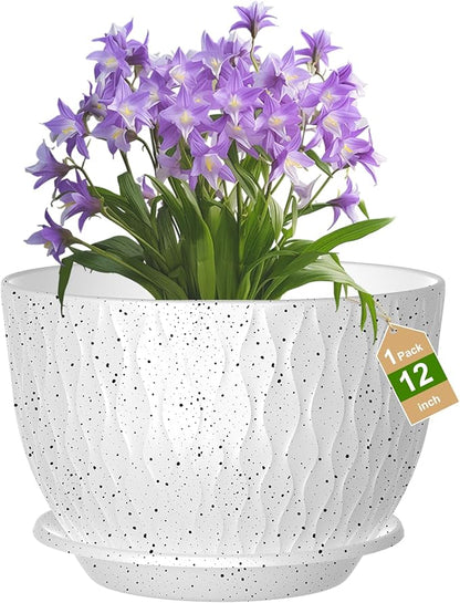 12 inch Large Plant Pots, Flower Pots with Multi-Mesh Drainage Holes and Saucer, Plastic Planters for Indoor and Outdoor Garden Plants (Speckled White, 12")