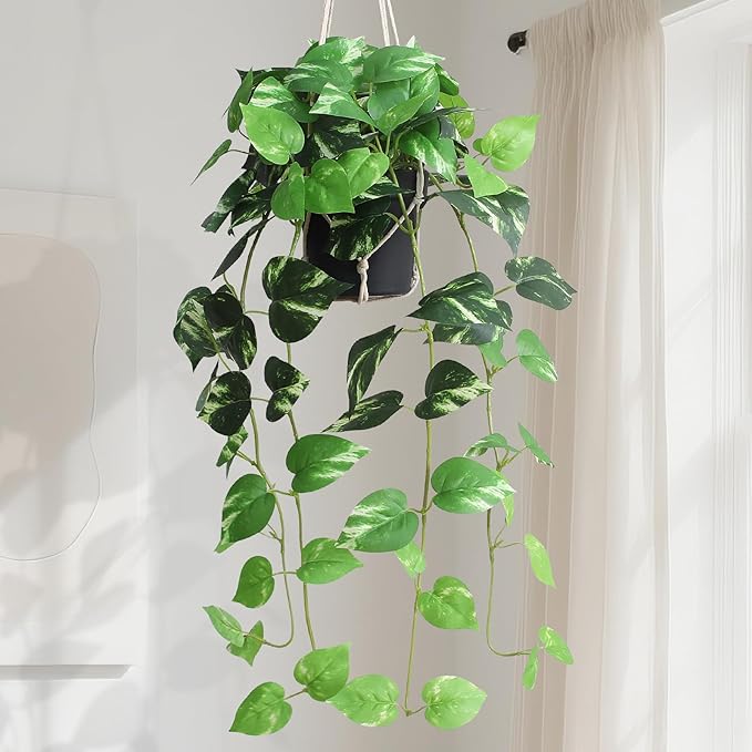 alyptus UV Resistant Fake Pothos Hanging Plants - Realistic Faux Pothos Vines for Indoor & Outdoor Décor, Lush Greenery for Shelves, Counters, Entry Tables - Golden Green