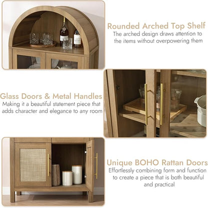 71" Tall Arched Display Cabinet, 5-Tier Bookshelf Modern Farmhouse Arched Bookcase with Glass Doors and Shelves, Wooden Pantry Storage Cabinet for Living Room, Office and Kitchen, Caramel Oak