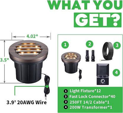 Ground Well Lights Kit, 12 Pack Landscape Low Voltage Inground Lights and 200W Transformer and 250FT Cable and 40 Wire Connectors, Outdoor Waterproof IP67 Aluminum for Backyard Wall 6W 350LM