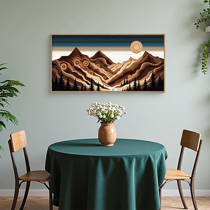 Large Abstract Mountain Woodcut Framed Canvas Wall Art,Modern Tree Ring Wall Decor,Sunrise Ridge Scenery Painting,Retro Desert Artwork for Living Room,Bedroom,Dining Room,Office -20"x40"x1