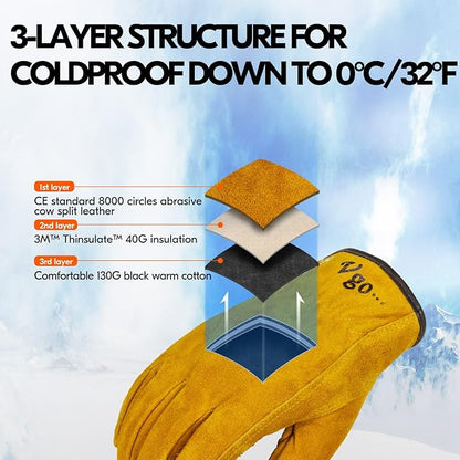 Vgo... 1-Pair 32℉ or above Winter Lined Cowhide Split Leather Work and Driver Gloves, For Heavy Duty/Truck Driving/Warehouse/Gardening/Farm/Cold Storage(Size L, Gold, CB9501F)
