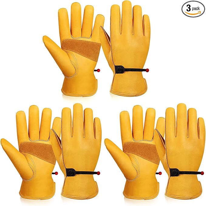 OZERO Leather Work Gloves for Men: Large 3 Pairs Cowhide Working Gloves for Driving Heavy Duty Mechanic Ranch - Women Gardening Glove