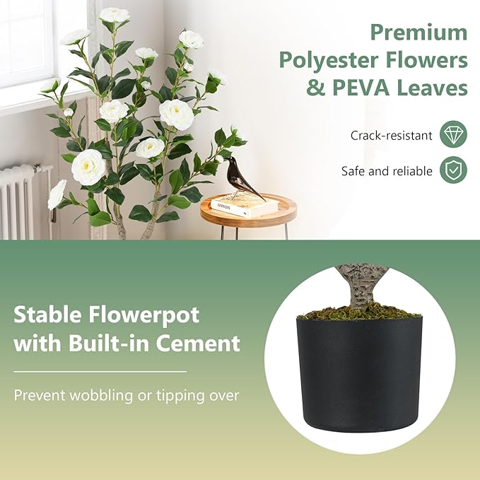 Goplus 36’’ Artificial Camellia Tree, Flower Plants Artificial Tree, Faux Floral Plant Blooming Tree in Nursery Pot, Greenery Potted Plant for Indoor Office Home Porch Decor, White