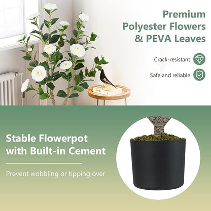 Goplus 36’’ Artificial Camellia Tree, 2 Pack Flower Plants Artificial Tree, Faux Floral Plant Blooming Tree in Nursery Pot, Greenery Potted Plant for Indoor Office Home Porch Decor, White