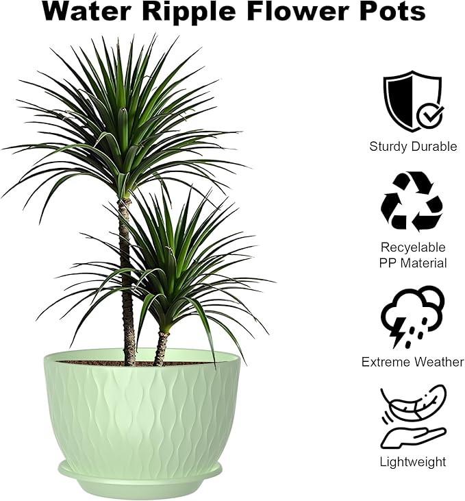 12 Inch Large Plant Pots, Flower Pots with Multi-Mesh Drainage Holes and Saucer, Plastic Planters for Indoor and Outdoor Garden Plants (Green, 12")