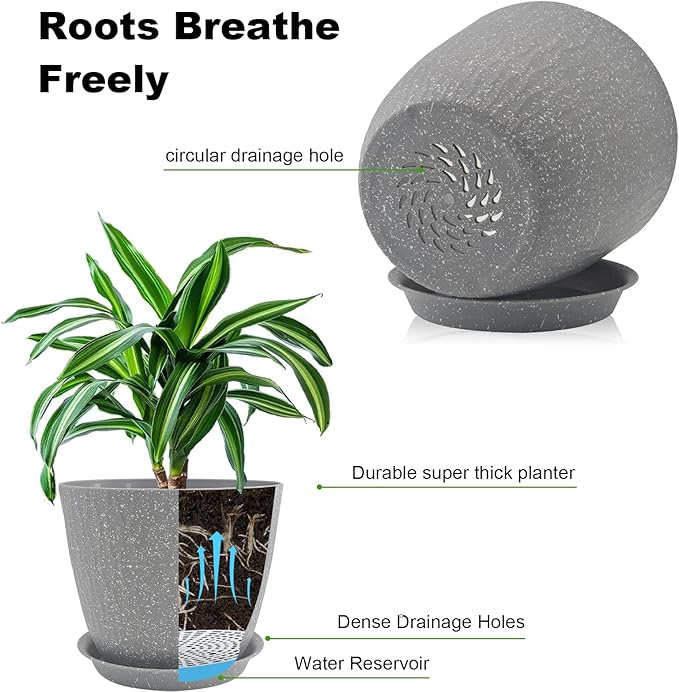 8/7/6 inch Plant Pots, 3 Pack Flower Pots for Outdoor Indoor Garden Plants, Large Planters with Multi Mesh Drainage Holes and Saucer (Speckled Grey, 8"+7"+6")