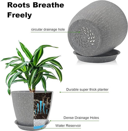 8/7/6 inch Plant Pots, 3 Pack Flower Pots for Outdoor Indoor Garden Plants, Large Planters with Multi Mesh Drainage Holes and Saucer (Speckled Grey, 8"+7"+6")