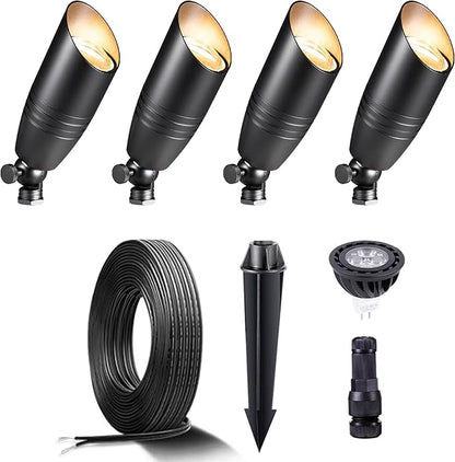 Gardenreet Black Brass Landscape Lighting Kit (4-Pack LED Spotlights) with 100 Feet Cable and 20Pack Wire Connectors for Outdoor House Garden Patio Without Low Voltage Transformer